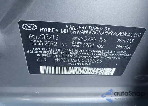 2013 Hyundai Elantra Gls z USA, uszkodzony, nr VIN 5NPDH4AE9DH322155